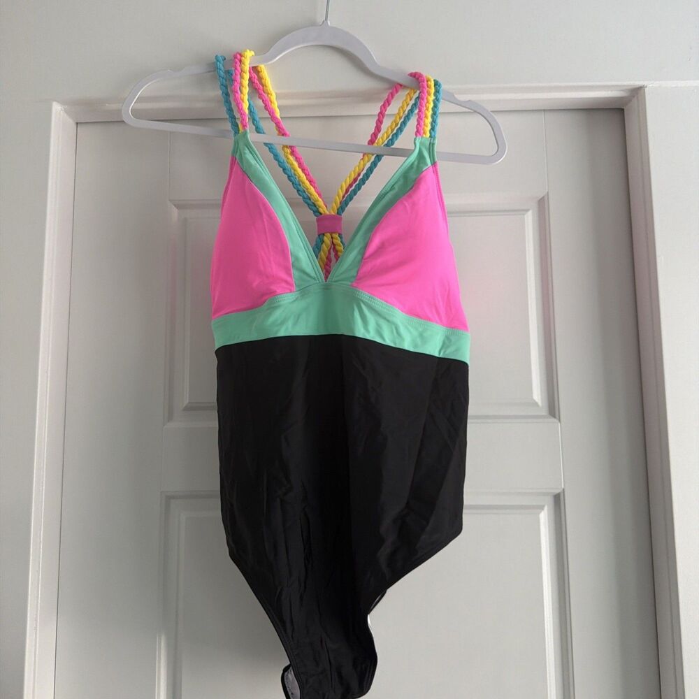 Popvil Colorblock Braided Straps One Piece Swimsuit Pink Green Black Size XXL